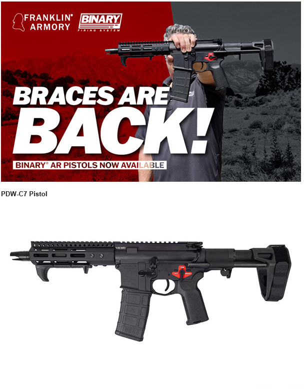 Franklin Armory Launches Three New Binary AR Pistols equipped with the patented Binary Firing System and with Braces